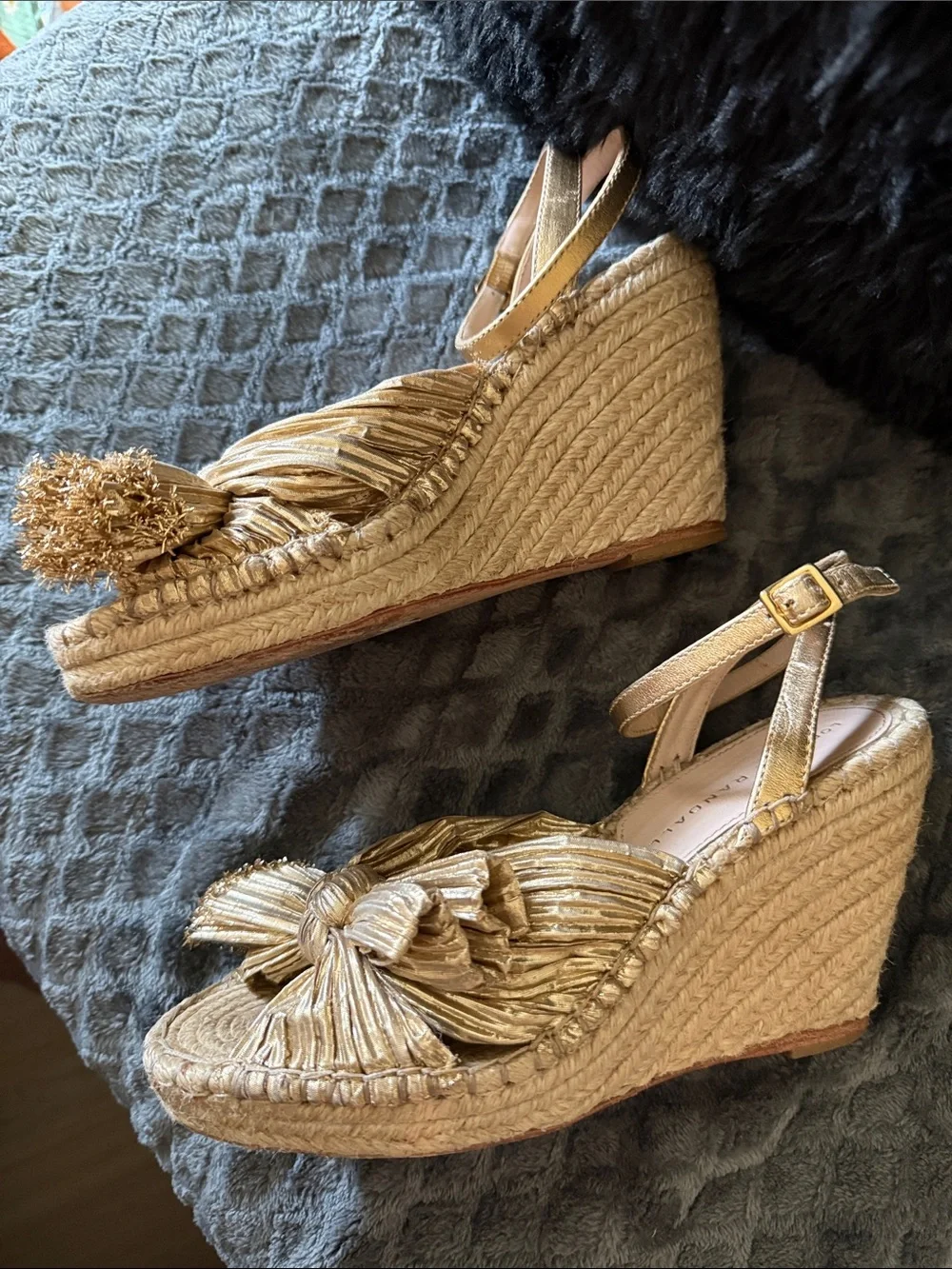 Loeffler Randall Metallic Gold Espadrille Wedge Sandals with Bow